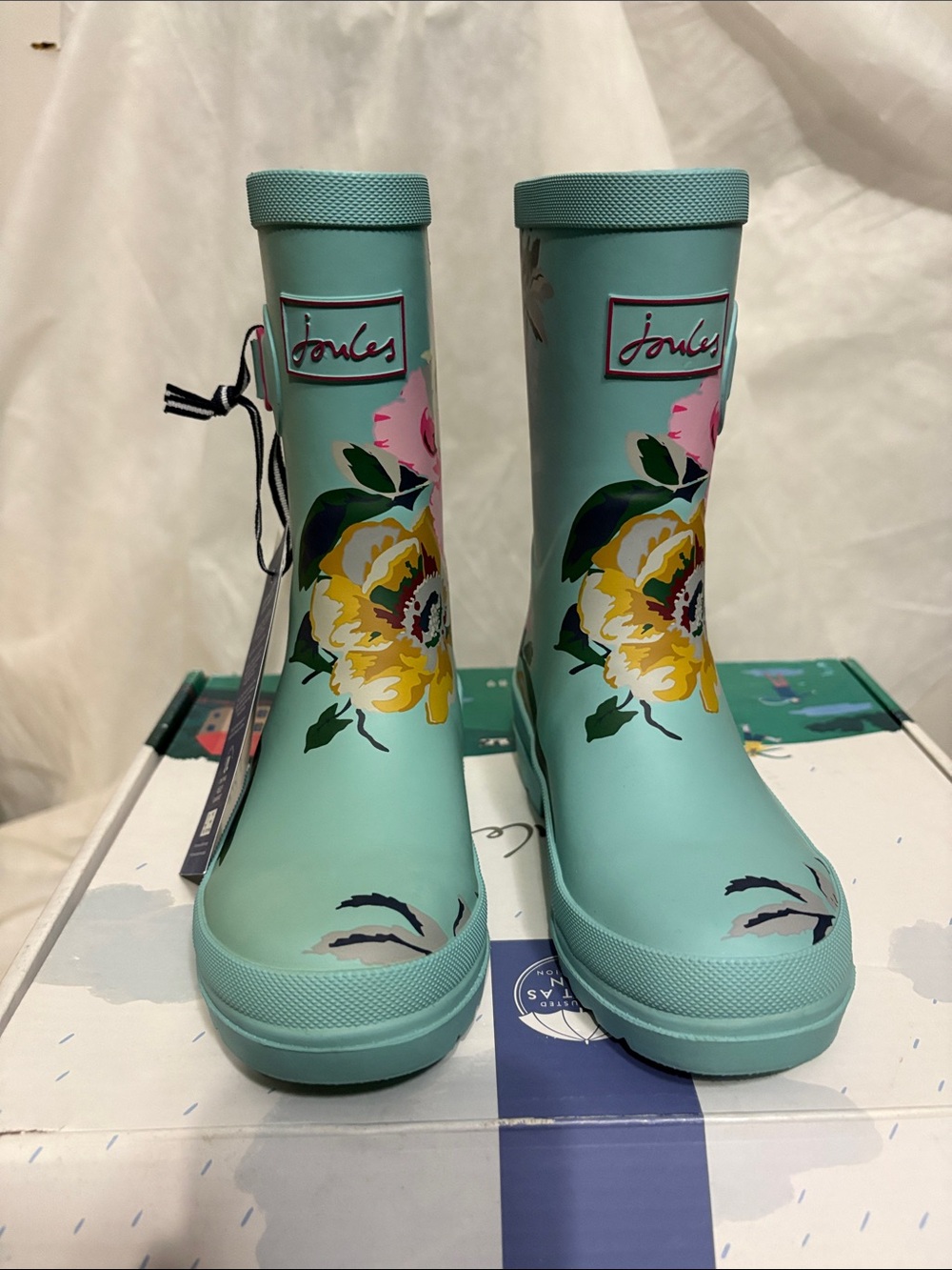 Joules Kids Aqua Floral Rain Boots size US 12 NWT
